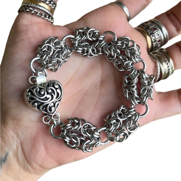 Maille stainless steel heart clasp bracelet . Handmade link chain - Picture 3 of 11